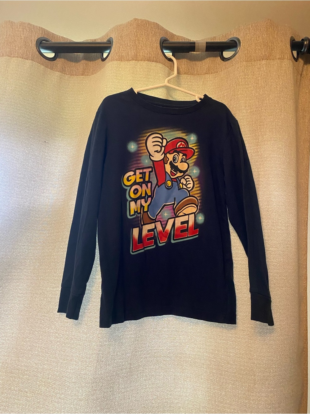 Nintendo Navy Super Mario Long-Sleeve “Get On My Level” Tee Size Small!